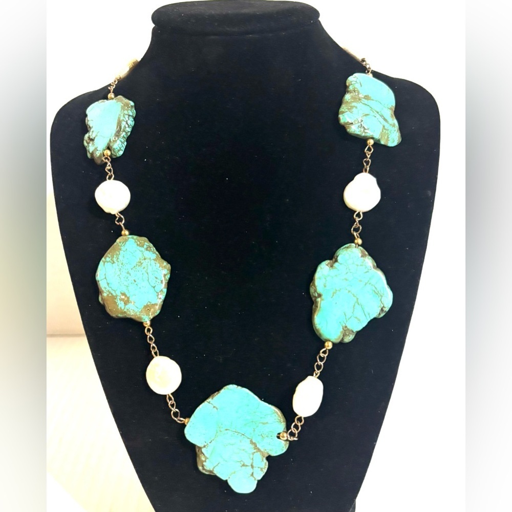 Turquoise Chip and Pearl Link Necklace  adjustable Jewelry